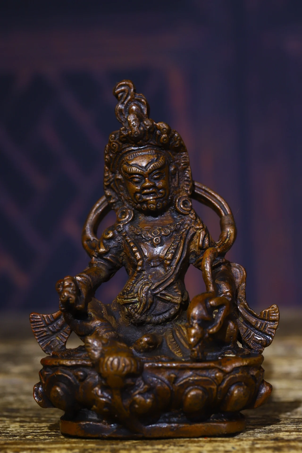 

4"Tibetan Temple Collection Old Bronze Cinnabar Yellow Jambhala Sitting Buddha Amulet Worship Hall Town house Exorcism