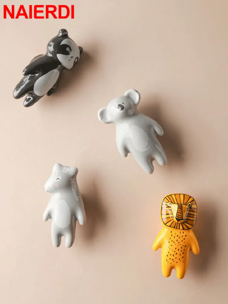 NAIERDI Cartoon Furniture Handles Animal Drawer Knob Ceramic Cabinet Handles and Drawer Pulls Lion Panda Fox Children Room