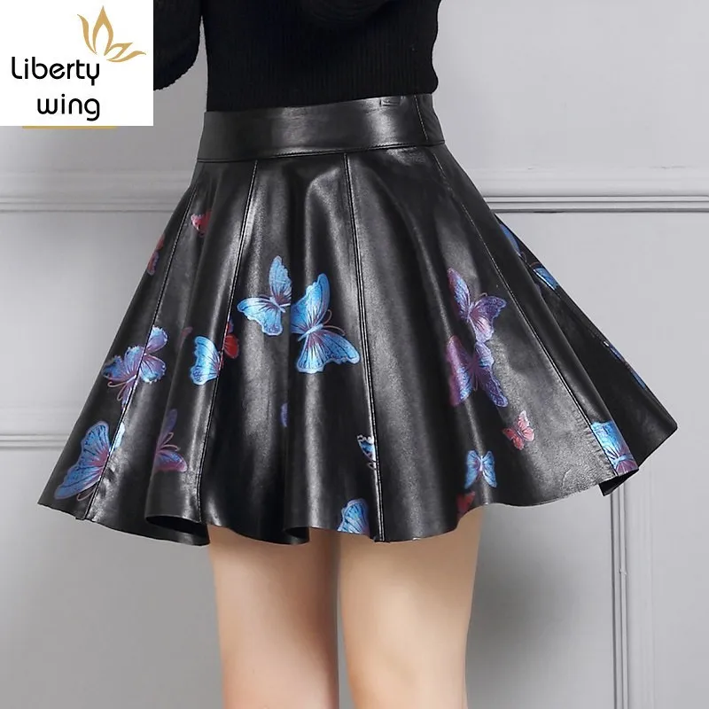 

Waist Pleated Mini Printing Butterfly High Quality Leather Plus Size 4XL Women Black Workout A-Line Skirts