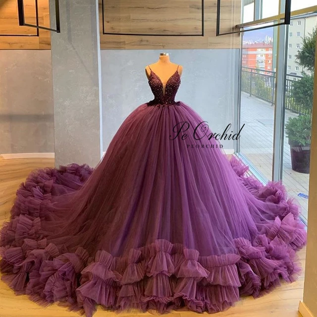 PEORCHID Principessa Viola Abito Da Sposa Abito di Sfera 2020 Elegante Scollo A V Volant di Tulle Bordato il Vestito Da Sposa Robe Mariage Femme