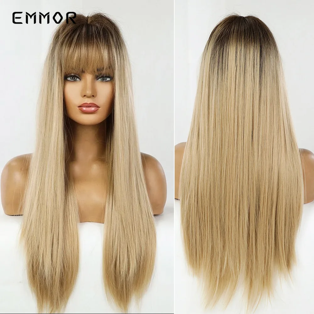 Emmor Synthetisch Zwart Wortel Ombre Light Golden Blond Steil Haar Pruiken Met Pony Hoge Temperatuur Cosplay Daily Pruik Voor Vrouwen