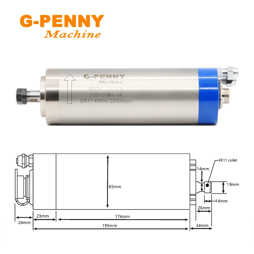 G-Penny 0.8KW ER11 Water Cooled Spindle Kit 800W Water Cooled Spindle / 1.5KW Inverter / 75W Water Pump / 65mm Bracket