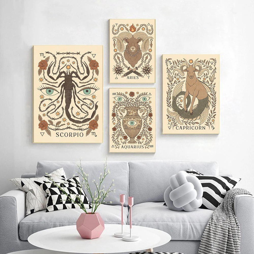 Bohemian Zodiac Art Poster Print Canvas Painting Inspired Astrology Scorpio Virgo Aquarius Aries Leo Pictures Retro Wall Decor