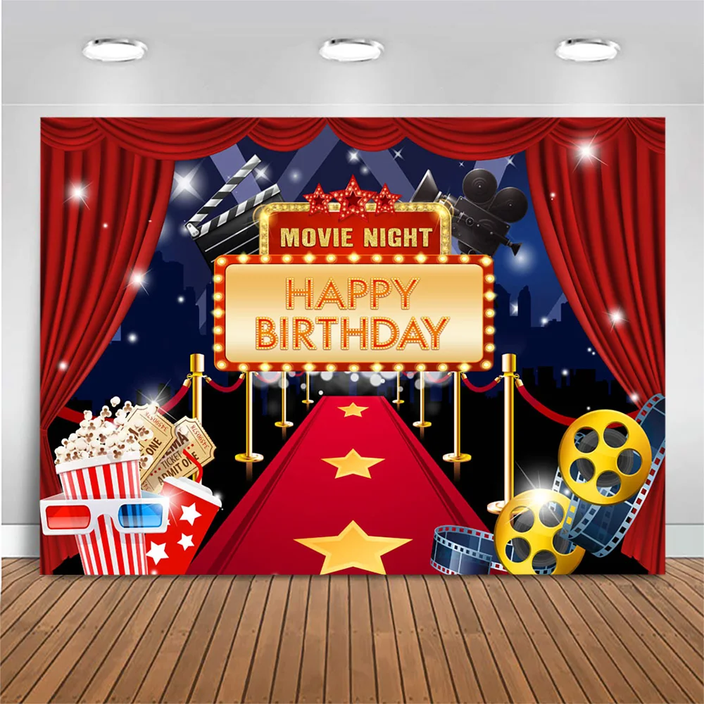 

MOCSICKA Movie Night Theme Happy Birthday Backdrop for Photography Red Carpet Gold Star Popcorn Photo Background for PhotoStudio