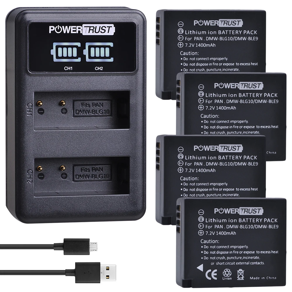 

PowerTrust 4pcs DMW-BLG10 DMW-BLE9 BPDC15 Bateria akku+ LED Dual USB Charger for Panasonic LUMIX GF5 GF6 GX7 LX100 GX80 GX85