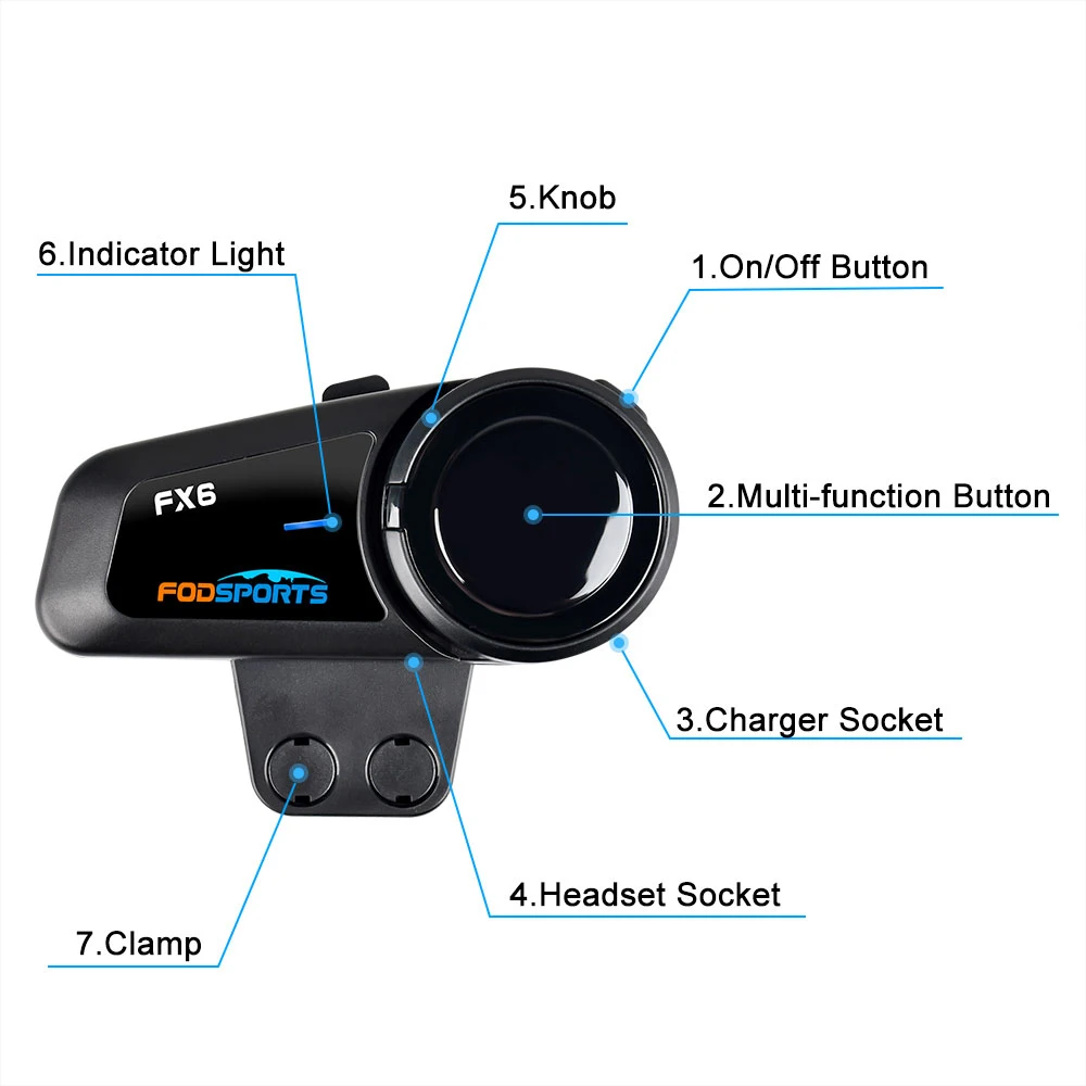 Fodsports FX6 Motorcycle Helmet Intercom Waterproof Bluetooth Headset 6 Rider BT 5.0 Interphone With FM Radio