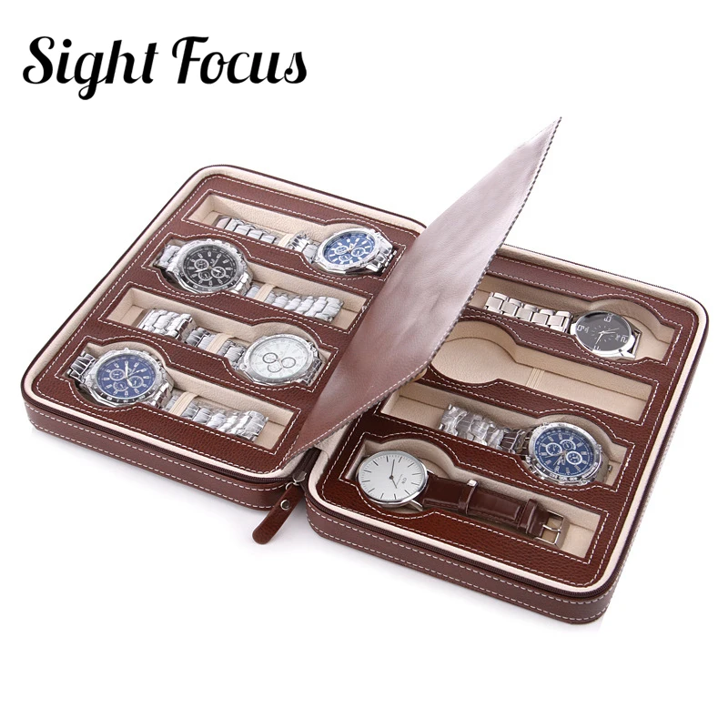 Sight Focus 2 4 8 Grids Travel Watch Organizer Box Zipper PU Leather Watch Case Protable Storage Wristwatch Holder Black coffee