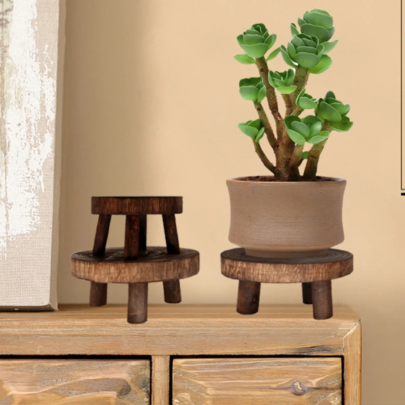 Wood Round Bench Flower Pot Holder Plant and Succulent Flower Pot Base Display Stand Stool Home Garden Patio Decoration Shelf