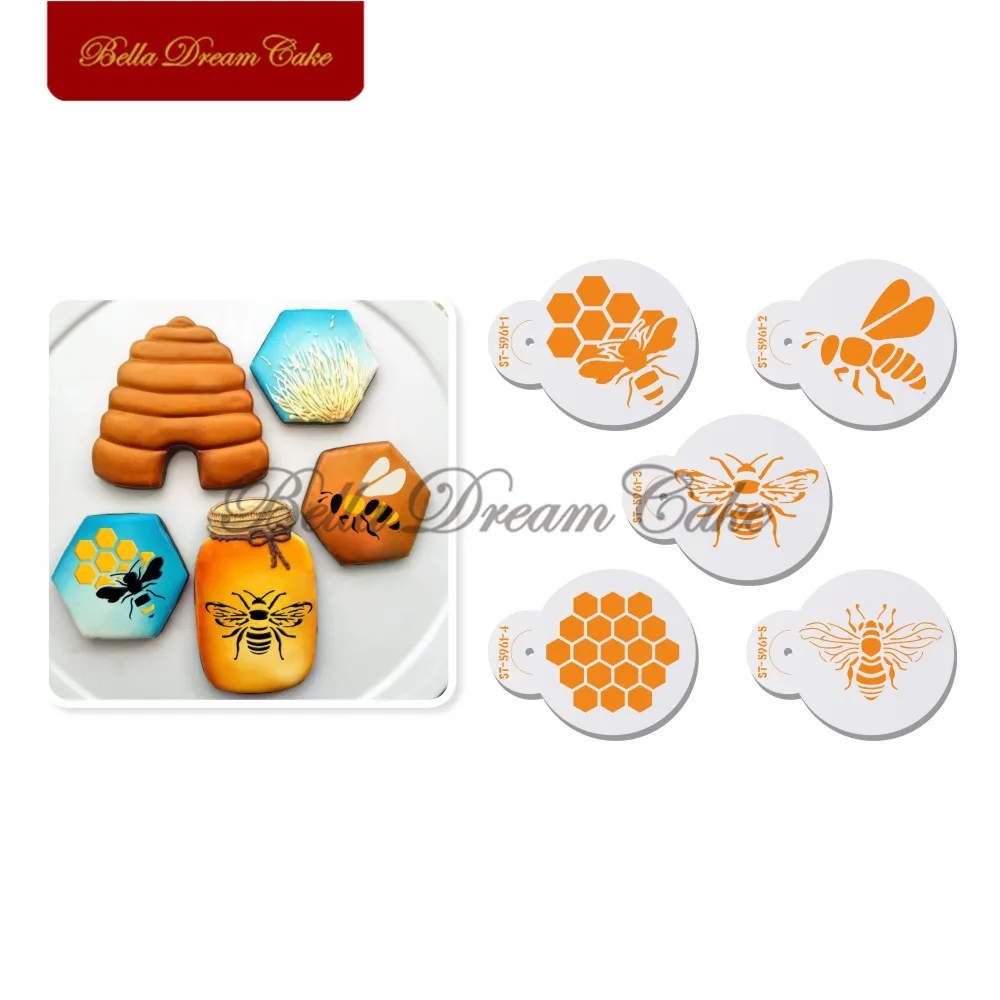 5pcs/set Honeybee&Honeycomb Cookies Stencil Coffee Stencils Template Cake Decorating Tools Baking Accessories