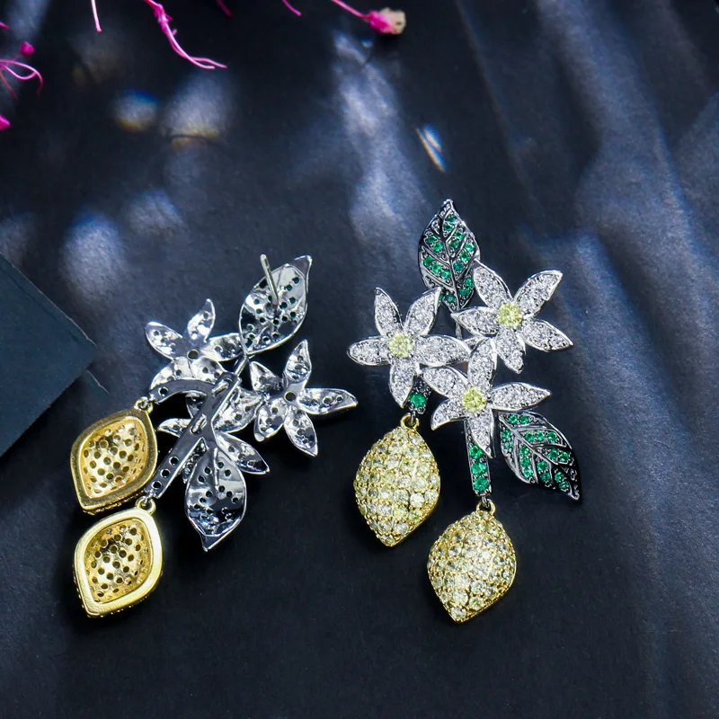 CWWZircons Einzigartiges Design Art Deco Blatt-Cluster Lange Hängende Ohrringe mit Weißen und Grünen CZ-Steinen für Damen, Abschlussball, Party, Großhandel E0430 – Detail 6