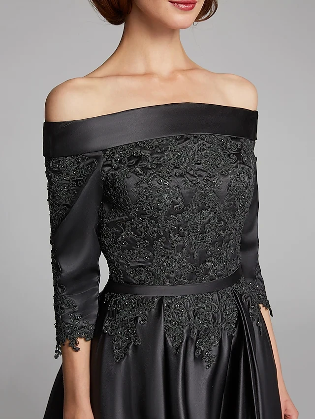 Abito per la madre della sposa a trapezio nero Plus Size Sexy con spalle scoperte lunghezza del tè abito da sposa in raso di pizzo Robe De Soiree