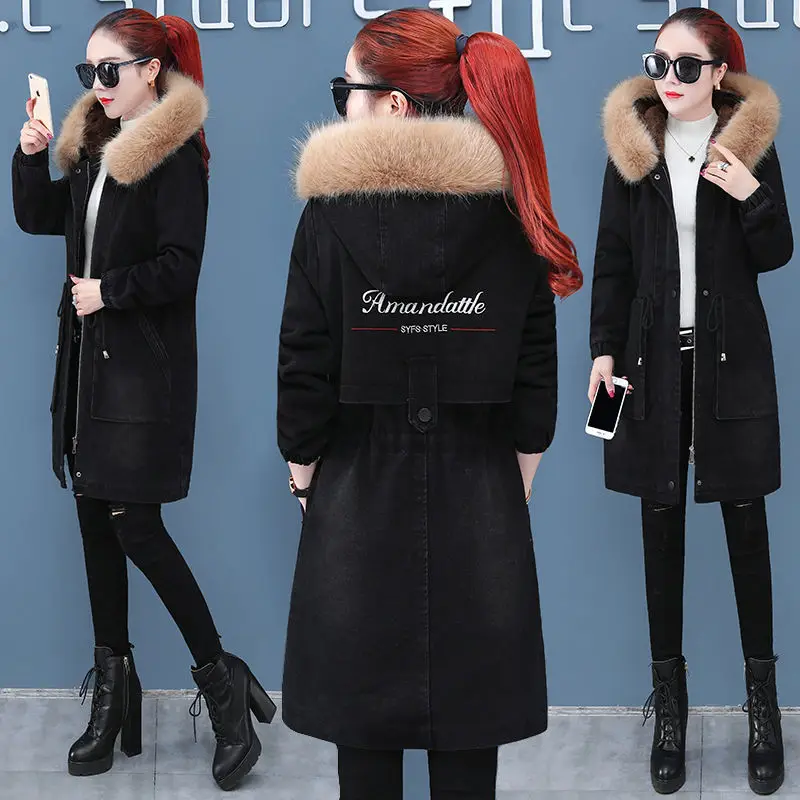 New Women\'s Denim Jacket Fur Parka Female 2023 Winter Jean Coat Women Jackets Black Denim Coats Woman Lambswool Outerwear H196