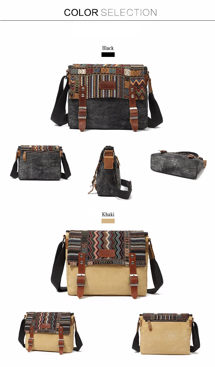 High Quality Waxed Canvas Shoulder Bag National Style Crossbody Bag Young Men Patchwork Color Flap Sling Bag