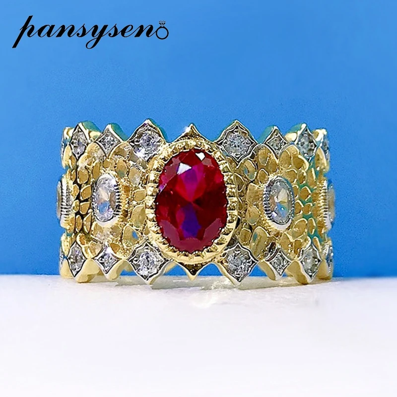 

PANSYSEN Vintage 100% 925 Sterling Silver Ruby Rings for Women 18K Yellow Gold Color Wedding Ring Fine Jewelry Gift Wholesale