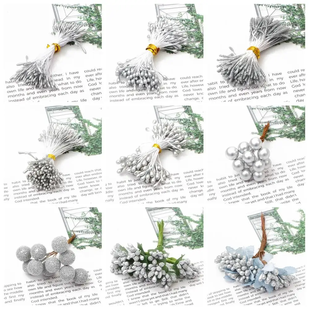 10/12/60/90/144Pcs Silver Mixed Hybrid Flower Cherry Stamen Berries Bundle DIY Cake Christmas Wedding Gift Box Wreath Decoration