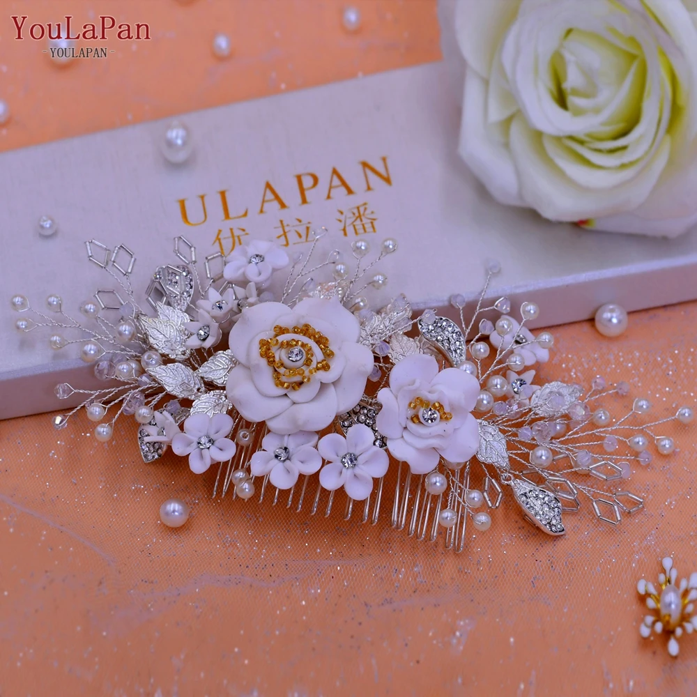 TOPQUEEN Floral Wedding Hair Piece Side Comb Bridal Comb with Flowers Bridemaids Head Pieces Pearl Wedding Hair Clips HP320