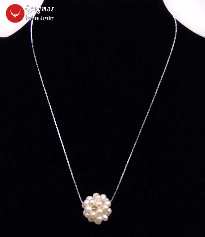 Qingmos Handwork Weaving White Pearl 18mm Ball Pendant Necklace for Women with 4-5mm White Pearl Necklace 17