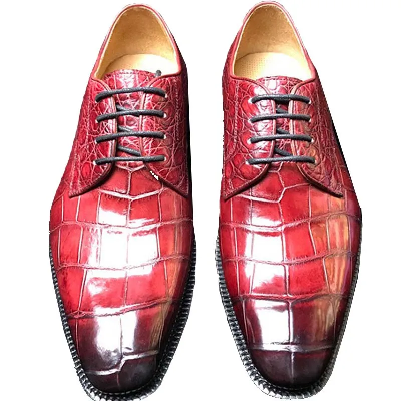 

Chue male Crocodile Leather shoes Manual customization Wine Red Brush Color Leisure Business Men Dress Shoes