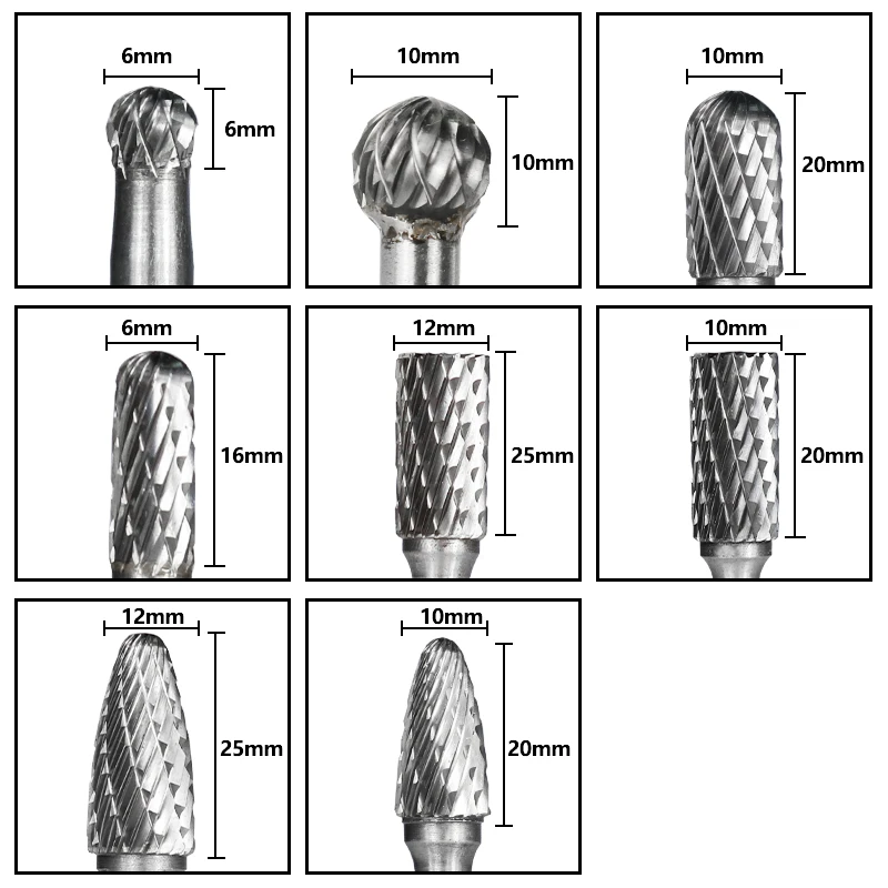 XCAN Carbide Rotary Burr 8PCS 6mm Shank Rotary Cutter File for Metal Milling  Double Cut Rotary Burr File