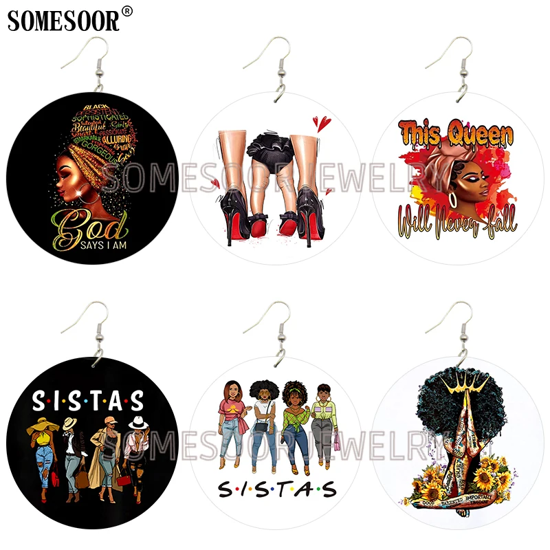 SOMESOOR Jewelry TV Play SISTAS Black Persistents Wooden Double Sides Printing Drop Dangle African Earrings For Women Gifts