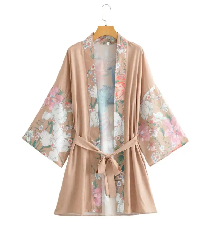 2021 Bohemian V neck Peacock Flower Print Kimono Shirt Ethnic New Lacing up Sashes Middle Long Cardigan Loose Blouse Tops femme