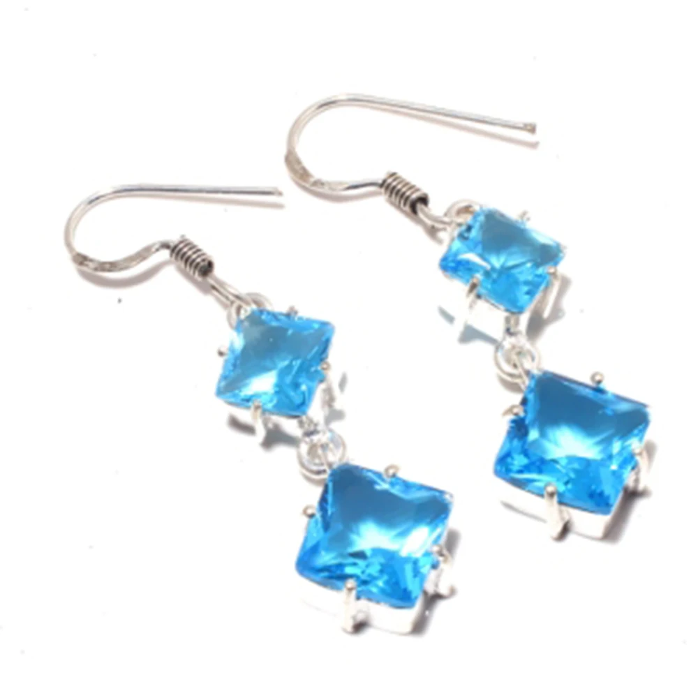 Blue Topas  Earrings  Silver Overlay over Copper , 49 mm, E3888