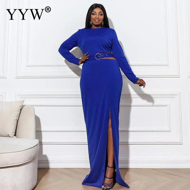 Royal Blue Crop Top Riem Lange Party Jurken Cocktail Side Split Enkellange Hoge Hals Effen Cool Formele Jurken Vestidos 2021