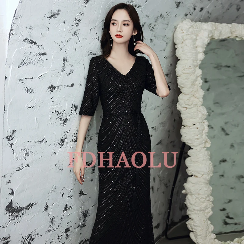 Customized Evening Dress Black Shining Sequin Floor-Length Formal Dress Mermaid Elegant Evening Gowns For Girl Robe De Soiree