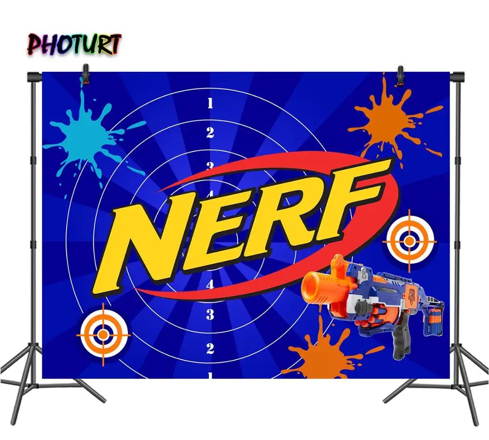 HOTURT NERF Gun Photography Backdrop Kids Birthday Party Background Blue Toy Bullseye Polyester Vinyl Photo Studios Props