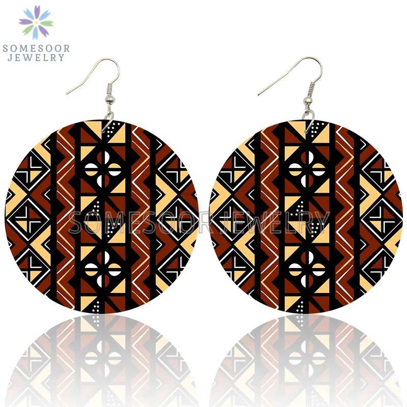 SOMESOOR African Traditional Fabric Style Wooden Drop Earrings Afrocentric Ethnic Bohemian Loops Dangle Jewelry For Women Gifts