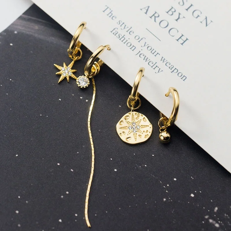 925 Sterling Silver Star Tassel Asymmetric Hoop Earrings for Women Round Disc Gold Earrings CZ Wedding Jewelry