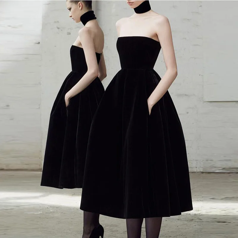 Fashion Black Party Velvet Dress Women Women Summer Strapless Sexy Long Vintage Banquet Elegant Club Evening Midi Dress 2023