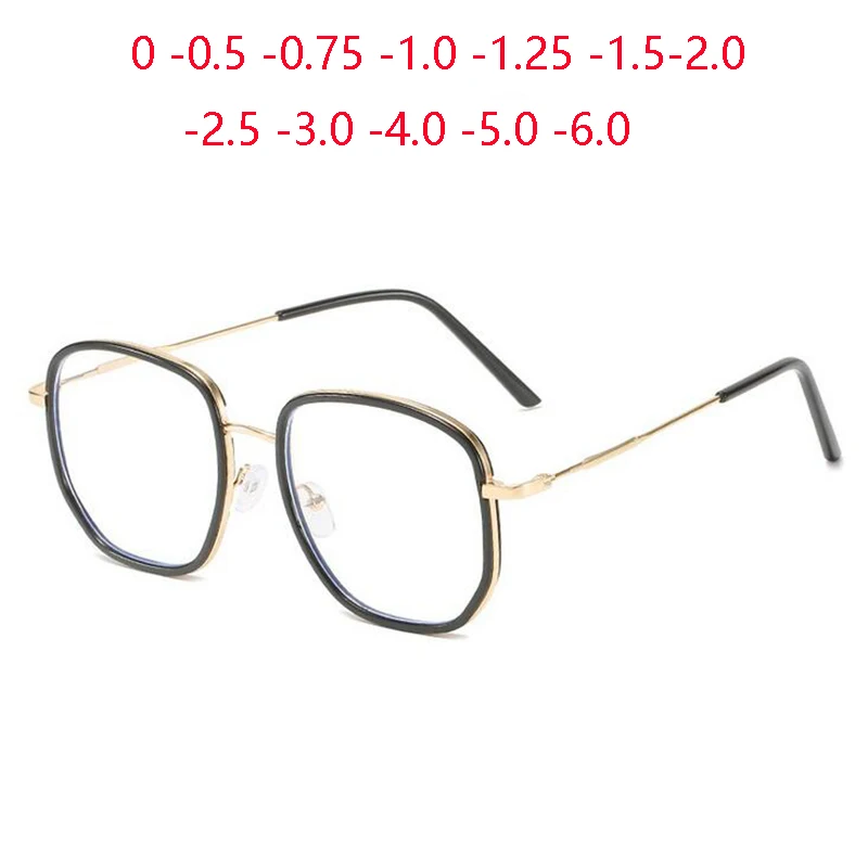 

0 -0.5 -1.0 To -6.0 Metal Polygon Student Nearsighted Glasses Unisex Vintage Black Gold Frame Short-sight Prescription Eyewear