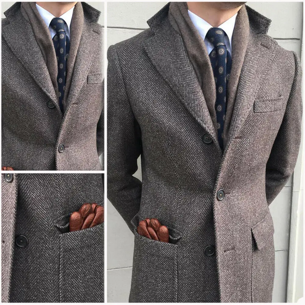 

Men's Windbreaker Classic Herringbone Tweed Wool Blend Suit Jacket Winter Warm Long Coat Outdoor Sports Coat erkek mont