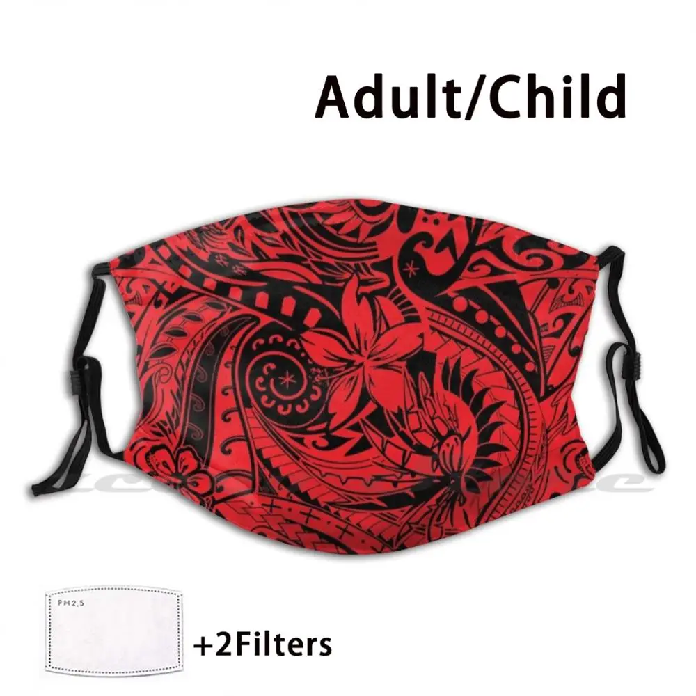 Hawaiian-Samoan-Polynesian Tribal Red Print Washable Trending Customized Pm2.5 Filter Mask Hawaiian Hawaiian Samoan