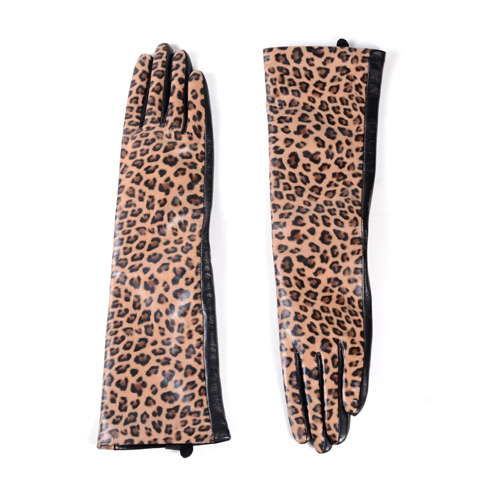 40cm Women's Ladies Real Leather Leopard Print Leather Punk Touch Screen Evening Party Opera/long Gloves