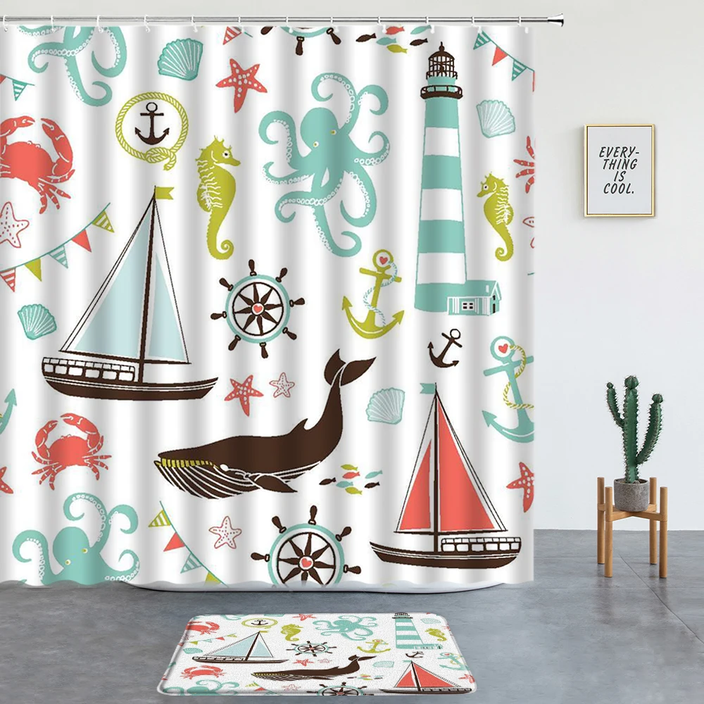 Nautical Sailboat Anchor Whale Shower Curtains Set Non-Slip Rug Washable Children's Boys Bathroom Decoration Bath Mat With Hooks