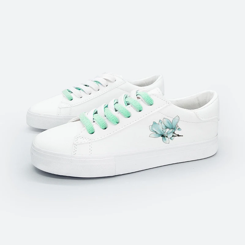 Amy and Michael New Design Fashion Printed Floral Women Shoes PU leather Vulcanized White Sneakers Ladies Students Flats