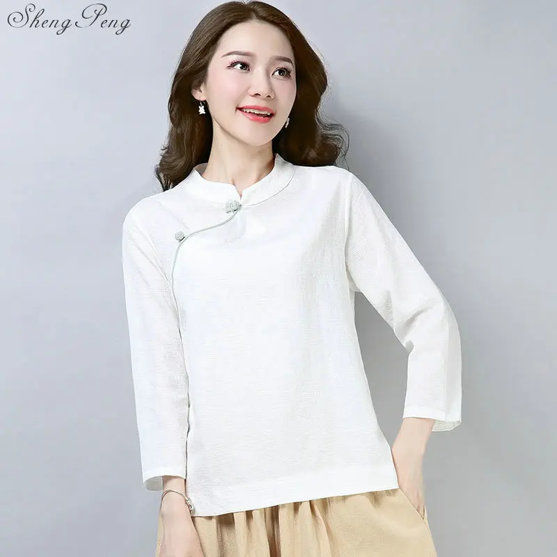 2020 tang suit chinese style shirt traditional chinese clothing for women vintage irrgular long linen hanfu top tops V1838