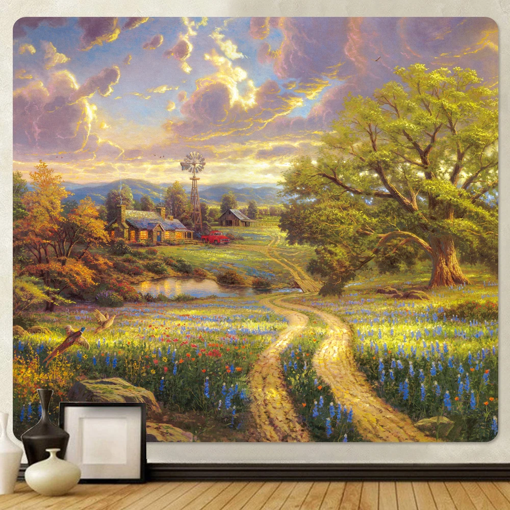 Forest fairy tale cottage home decoration art tapestry hippie bohemian wall hanging bed sheet background cloth yoga mat