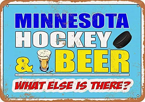 Minnesota Hockey and Beer - Retro Wall Decor Home Decor 8 x 12 Metal Sign