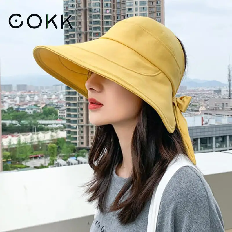 COKK Sun Hat Summer Women Ponytail Visor Wide Brim Uv Protection Bow Beach Hat Yellow Ladies Sunhat Ladies Hats Foldable Gorro