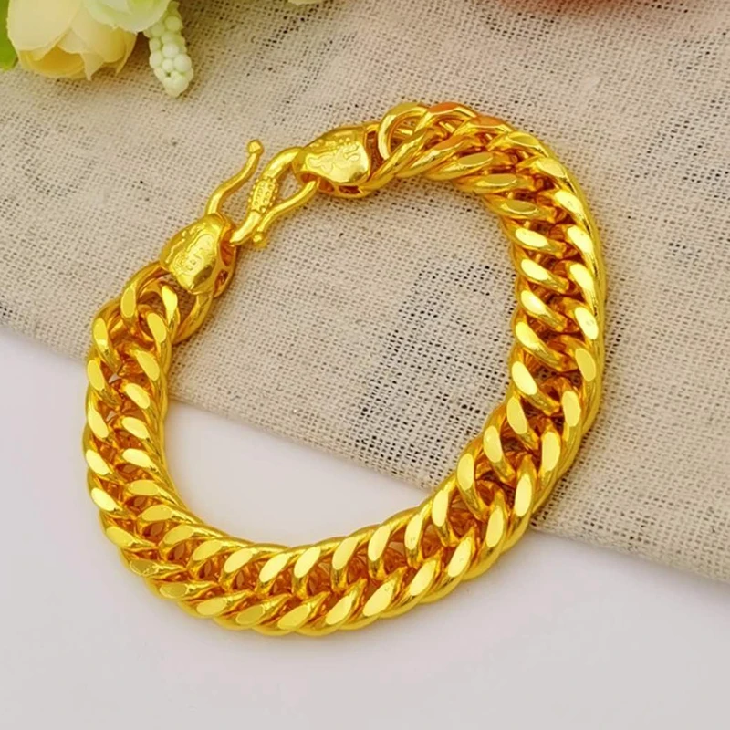 24k Gold GP 10MM /12mm Men\'s Link Chain Bracelet 20CM.Fashion Pure Gold Color Bangle Bracelets For Men Jewelry Drop Shipping