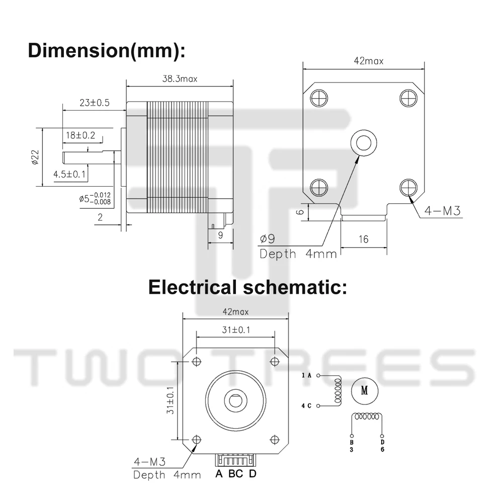 Nema 17 스테퍼 모터, 엔더 3 SP-3 DIY CNC, 0.9 도, 280 mN.m, 57g.cm, 1.3A, Nema 17HS4401S, 4-리드 Nema 17 스텝 모터