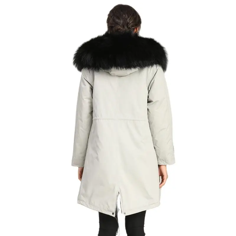 Popular Style Light Grey Blazers Women Parka Black Faux Fur Lined Coat Ladies Long Style