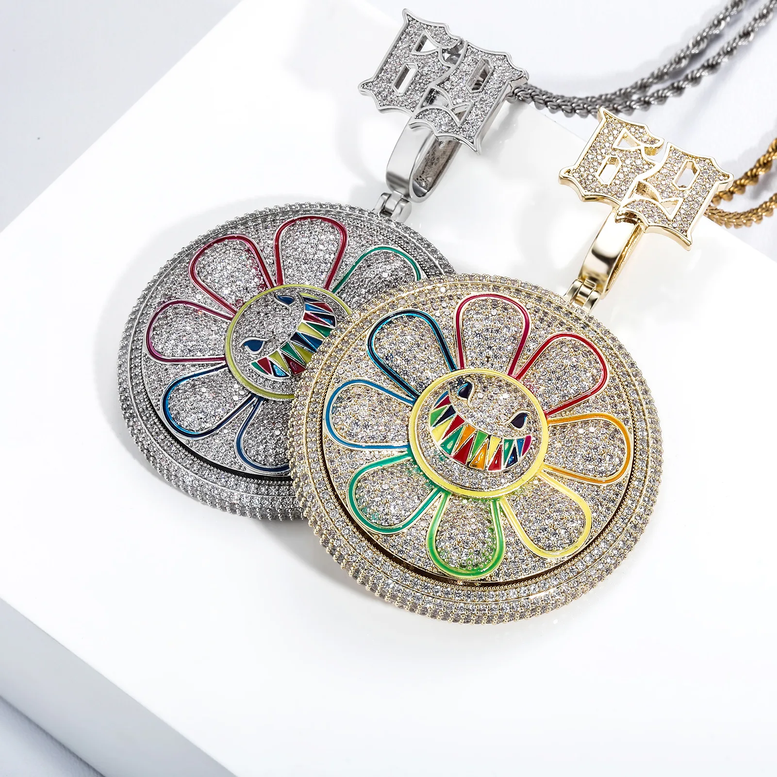 Hip Hop AAA+ CZ Stone Paved Bling Iced Out Rotatable Spin 69 Sun Flower Round Pendants Necklaces for Men Rapper Jewelry Gift