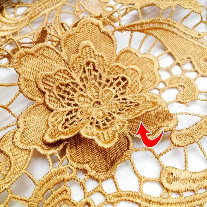 

Gold lace fabric, heavy guipure lace fabric, crochet hollowed venise lace, 3D flower bridal lace fabric for sale sold by the yar