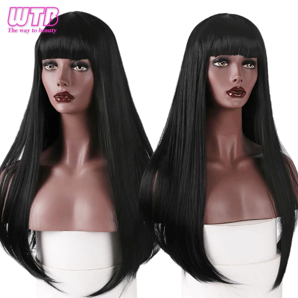 Long Straight Synthetic Tangerine Color Wig with Bangs for Women Nature Black Wigs Cosplay Female Daily Use Hair Wigs