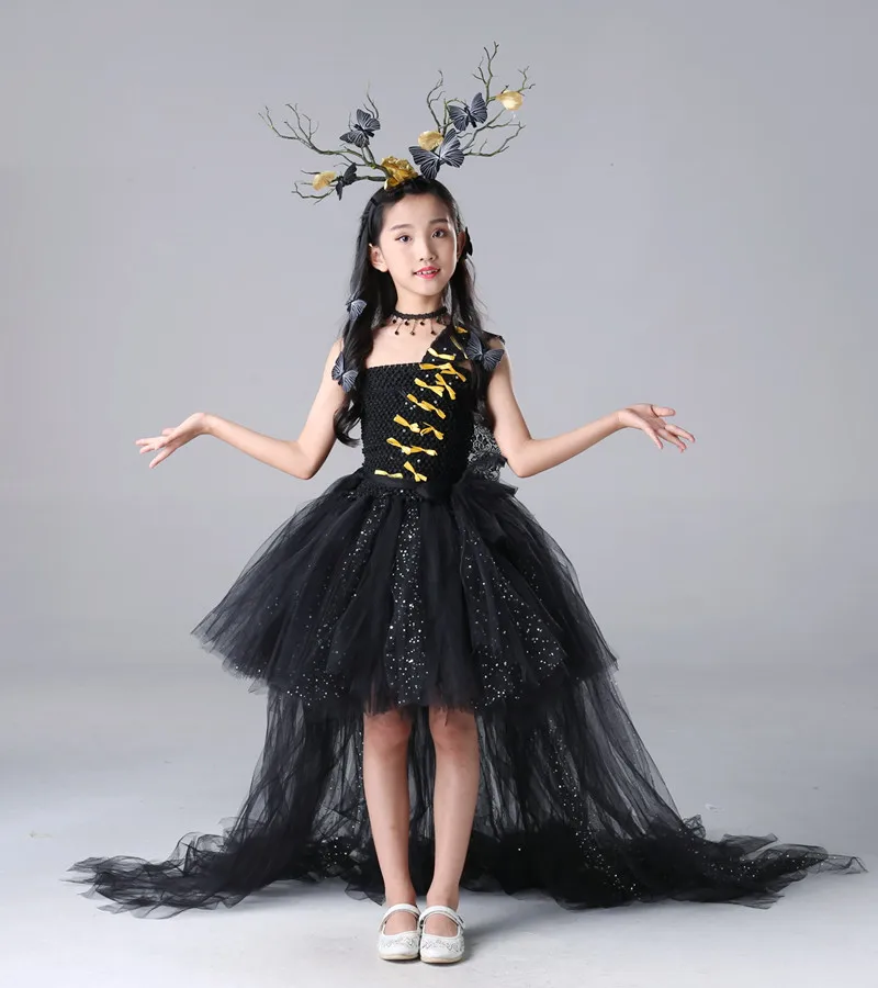 Sparkly Tulle Kids Girls Party Dresses with Train Tulle Chiffon Tulle Toddler Baby Girls Black Flower Tutu Dresses Gold Clothes