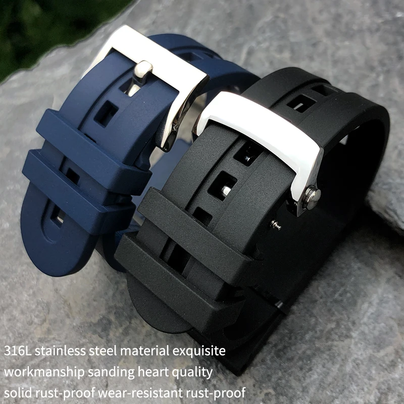 23mm Fluorine Rubber Silicone Watch band Replacement For Blancpain Fifty Fathoms Black Blue Soft Strap Stainless Steel Buckle